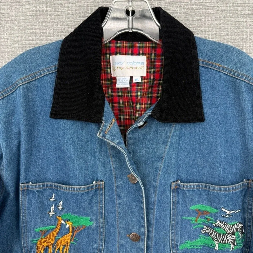 Vintage Casey Coleman Denim Safari Animal Chore Jacket Women ML Embroidered Boho - Picture 11 of 13